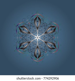 Illustration. Falling Christmas stylized snowflakes. Snowflakes, snowfall. Beautiful vector blue, gray and green snowflakes isolated on a colorful background.