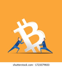 Illustration of a falling currency, and two men trying to stabilise it. Bitcoin icon. Digital currency sign, blockchain based internet money, cryptocurrency symbol.