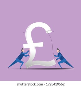 Ilustración de una moneda en caída, y dos hombres tratando de estabilizarla. Devaluación de libras esterlinas durante la crisis financiera.