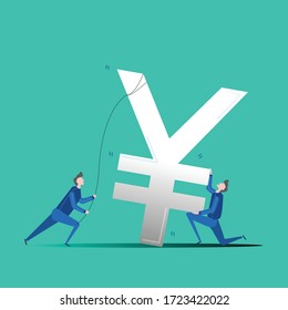 Ilustración de una moneda en caída, y dos hombres tratando de estabilizarla. Depreciación del yen durante la crisis de recesión.