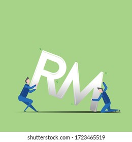 Ilustración de una moneda en caída, y dos hombres tratando de estabilizarla. La devaluación de Ringgit Malaysia se manifiesta durante la recesión.