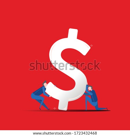 Illustration of a falling currency, and two men trying to stabilise it. The devaluation of US dollar sign during recession time.