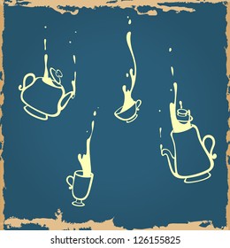 Illustration of falling down dishware silhouettes set