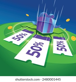 Illustration of falling gift box with coupon flying forward