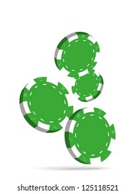 Illustration of Falling Green Poker Chips Isolated on White Background.