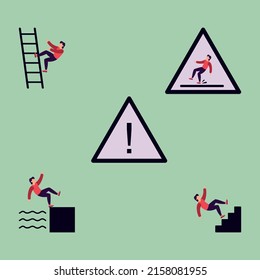 illustration falling people, warning sign, man fell down stairs, flat simple vector icon