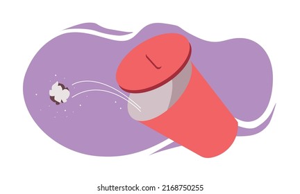Illustration of a falling trash can with litter on a purple background. Flat, colorful, minimalist, clean design for a visually striking and neat representation.
