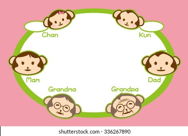 The illustration of the families of the monkey. (The postcard templates and the green and pink background.)