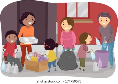 Illustration of Families Segregating Trash Together