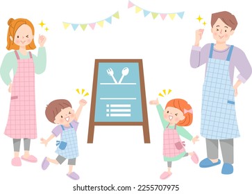 Illustration of family in apron and simple blackboard