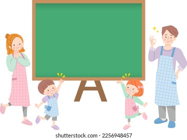 Illustration of family in apron and simple blackboard