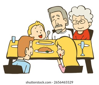 Ilustração de uma família em torno de uma mesa. Ilustração vetorial sobre fundo branco.