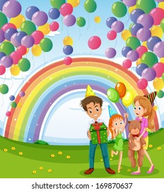 Illustration of a family below the floating balloons with a rainbow