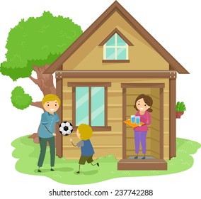 Illustration of a Family Bonding Together in the Front Yard of Their Tiny House