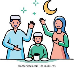 Illustration of a family breaking fast with happiness during Ramadan under crescent moon.