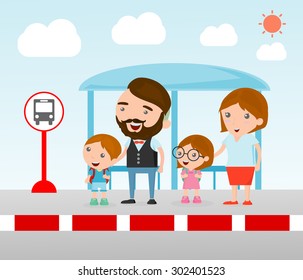 Illustration of the Family at the bus stop, A vector illustration of Family  waiting at a bus stop, Waiting at Bus Stop.