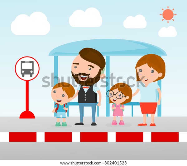 Illustration\
of the Family at the bus stop, A vector illustration of Family \
waiting at a bus stop, Waiting at Bus\
Stop.