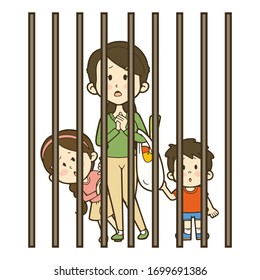 Illustration of a family in a cage. Vector illustration on white background.