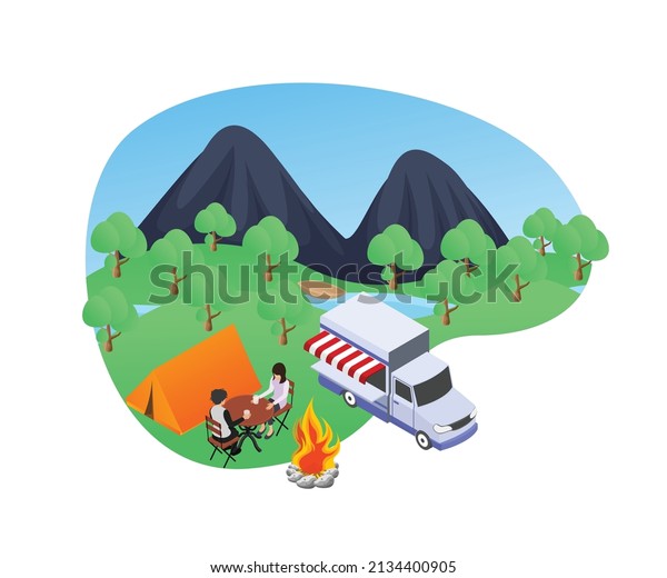 Illustration of a family camping in the forest\
isometric style