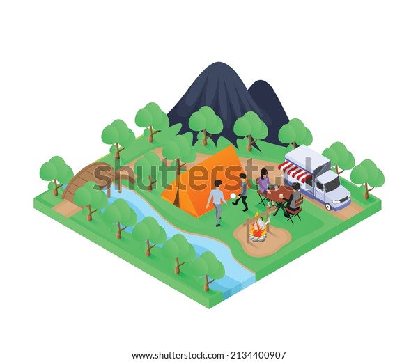 Illustration of a family camping in the forest\
isometric style