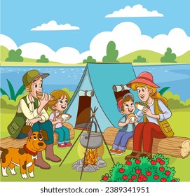 Illustration eines Familiencampingplatzes am Fluss. Vektorgrafik