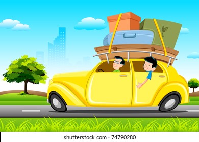 illustration of family in car loaded with luggage going for trip