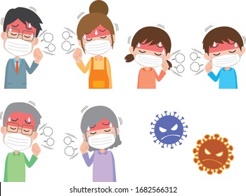 Illustration of a family catching a cold and masking