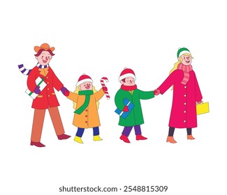 illustration of family celebrating christmas with winter coat, happy children with the gifts they bring