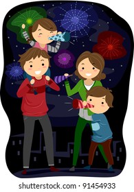 Illustration of a Family Celebrating the Coming of the New Year