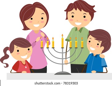 Illustration of a Family Celebrating Hanukkah