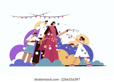 Illustration of a family celebrating Holi festival by throwing colours to each other