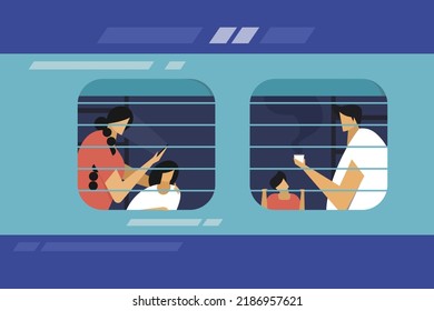 Illustration of a family with children sitting in the window seat of a train