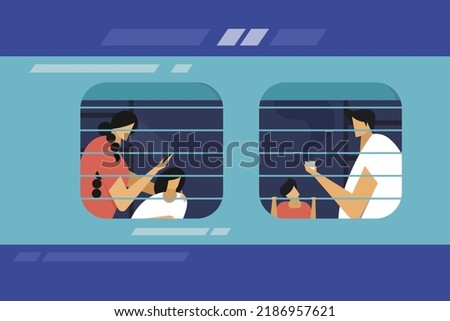 Illustration of a family with children sitting in the window seat of a train