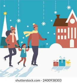 Illustration eines Familienurlaubs Weihnachten, sie sind Eislaufen in einem Touristenort, es schneit, es gibt Geschenke für sie