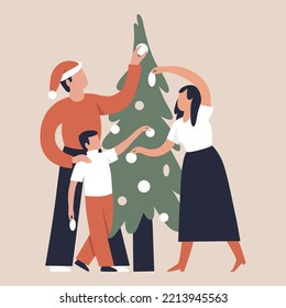 Illustration of a family with a Christmas tree, family decorating a Christmas tree, Christmas holiday with family