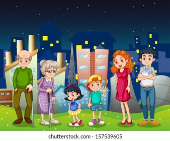 Illustration of a family at the city standing in front of the tall buildings