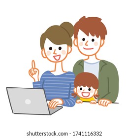 Illustration of a family collecting information while looking at a computer