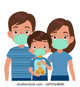 illustration of a family consist of parent and their boy are wearing masks and holding jars filled with coins to donate.