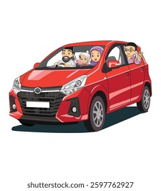 Illustration of a family consisting of a father, mother and two children went home for Eid by driving a city car