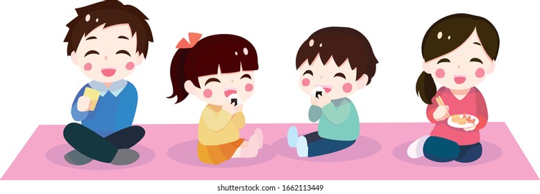 Illustration of a family (dad, mom, son, daughter) having a good meal outdoors
