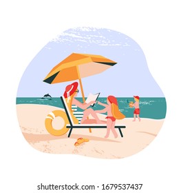 illustration of a family day on the beach. mother with children on the beach on a Sunny day. children saw dolphins in the sea. flat style
