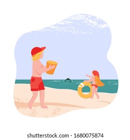 illustration of a family day on the beach. children on the beach on a Sunny day. children saw dolphins in the sea. flat style