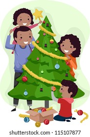 Illustration of a Family Decorating a Christmas Tree Together