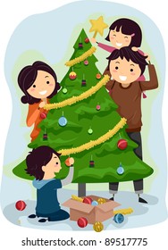 Illustration of a Family Decorating a Christmas Tree