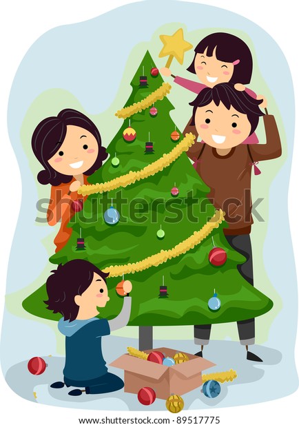 Illustration Family Decorating Christmas Tree Stock Vector (Royalty ...