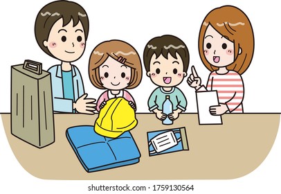 Illustration of a family discussing disaster prevention