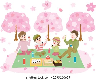 Illustration of the family doing cherry blossom viewing in the spring.