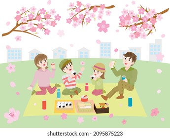 Illustration of the family doing cherry blossom viewing in the spring.