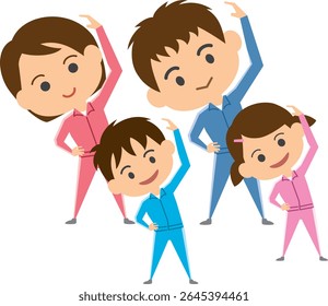 Ilustração de uma família fazendo exercícios de aquecimento