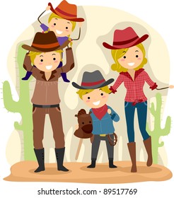 Illustration of a Family Dressed as Cowboys